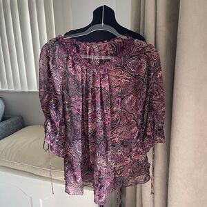 Due Per Due  100% Silk Sheer Blouse Paisley Cinched Waist 3/4 Sleeves M